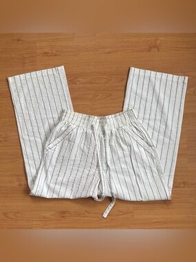 Mid Rise Cotton Loose Pull Up Drawstring Pants White & thin black Stripes Med